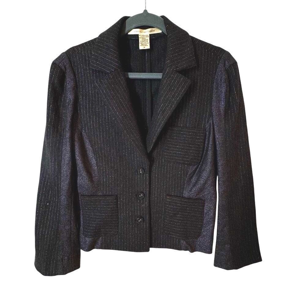 Diane von Furstenberg Metallic Pinstripe Blazer Jacket Wool Black Grey 12